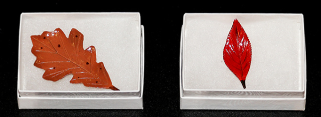 Hand Carved Leaf Pins - in a white box 3-1/4" x 2-1/2" x 1"